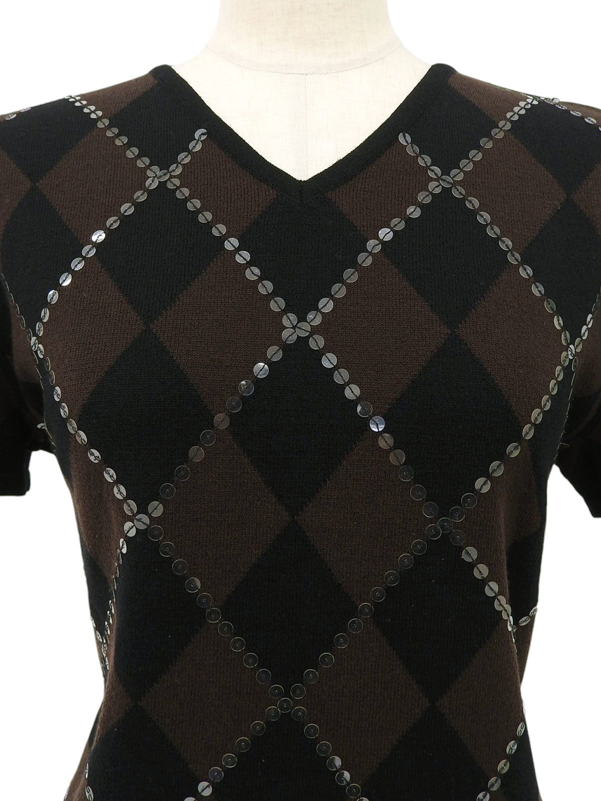 スパンコールアーガイルパターンハーフスリーブニットトップス　ブラウン/ブラック