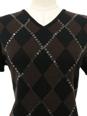 スパンコールアーガイルパターン半袖ニットトップス ブラウン/ブラック