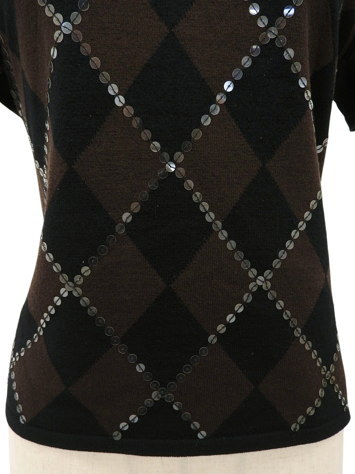 スパンコールアーガイルパターン半袖ニットトップス ブラウン/ブラック