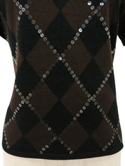 スパンコールアーガイルパターン半袖ニットトップス ブラウン/ブラック