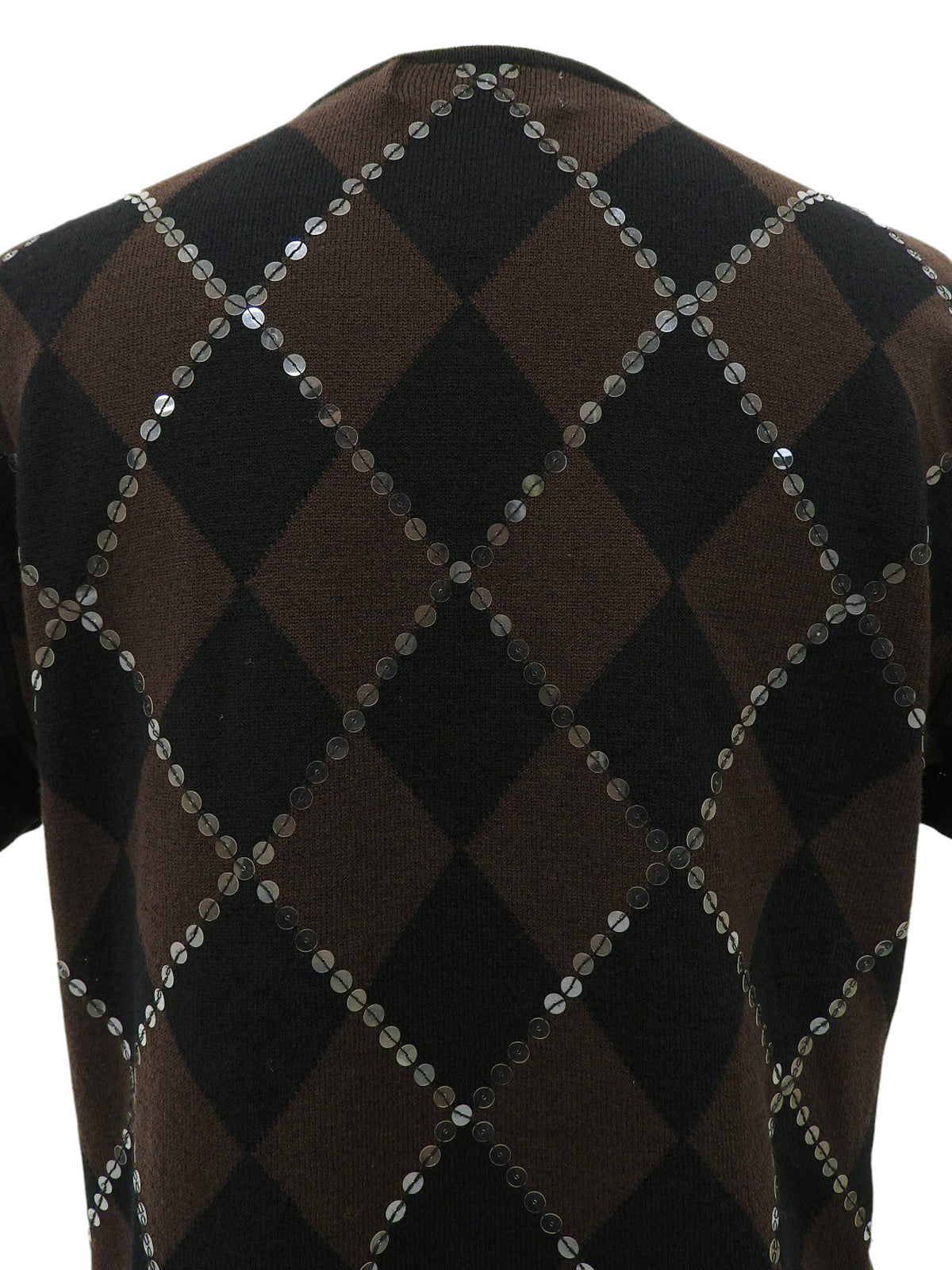 スパンコールアーガイルパターン半袖ニットトップス ブラウン/ブラック