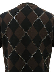 スパンコールアーガイルパターン半袖ニットトップス ブラウン/ブラック