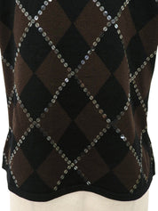 スパンコールアーガイルパターンハーフスリーブニットトップス　ブラウン/ブラック