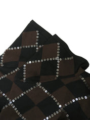 スパンコールアーガイルパターンハーフスリーブニットトップス　ブラウン/ブラック