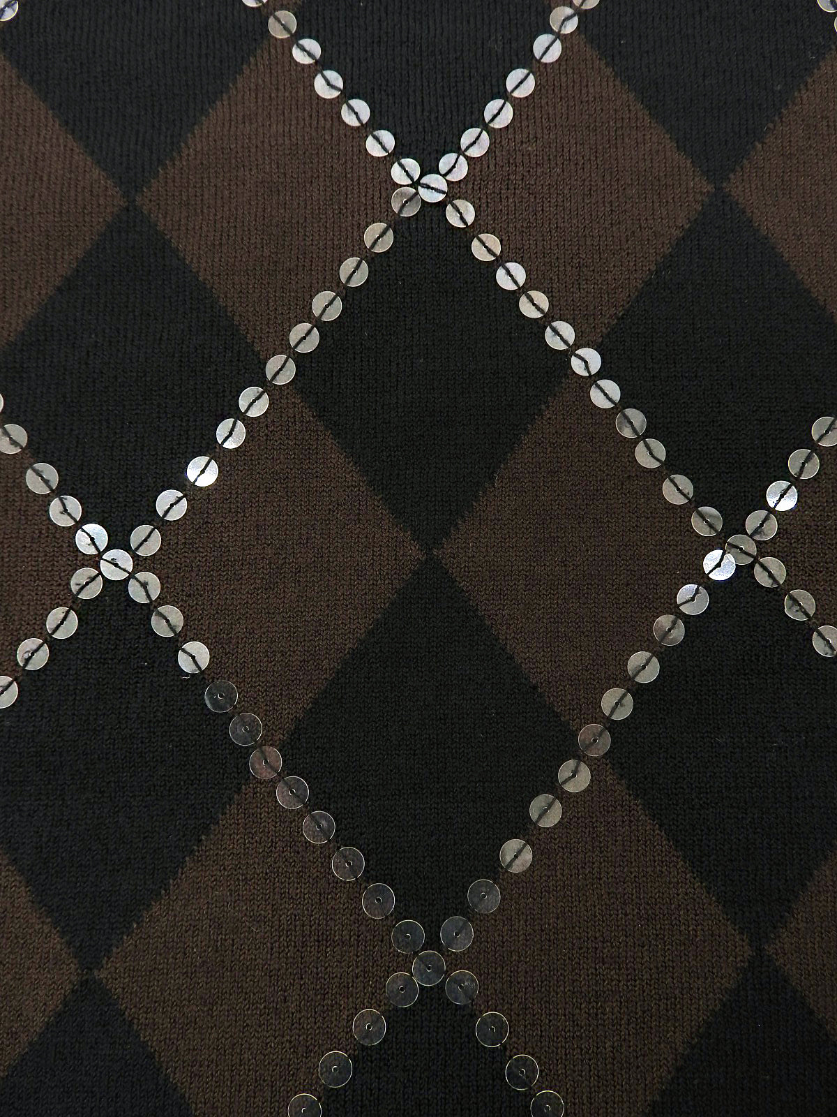 スパンコールアーガイルパターン半袖ニットトップス ブラウン/ブラック