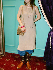 Beige Linen Eyelet Design Sleeveless Dress