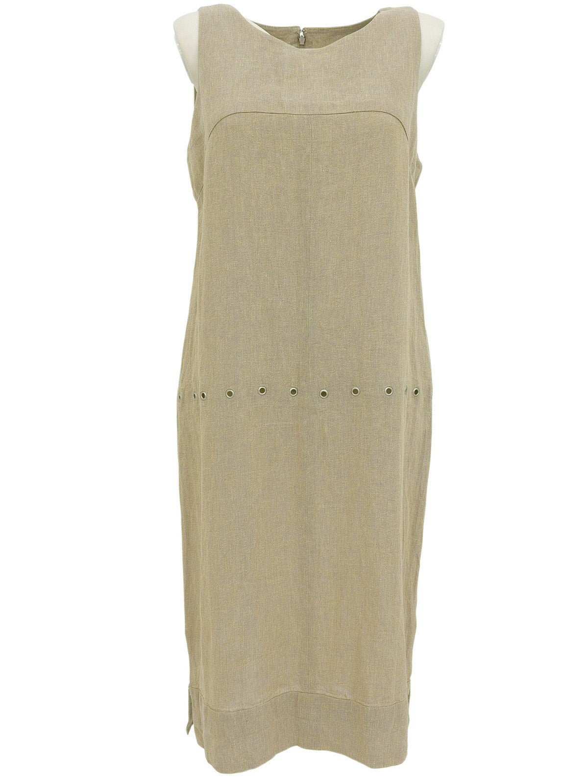 Beige Linen Eyelet Design Sleeveless Dress