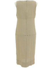 Beige Linen Eyelet Design Sleeveless Dress