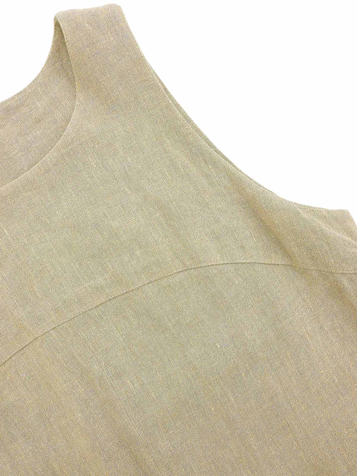 米色亚麻镂空设计无袖连衣裙