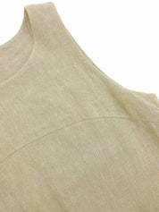 米色亚麻镂空设计无袖连衣裙