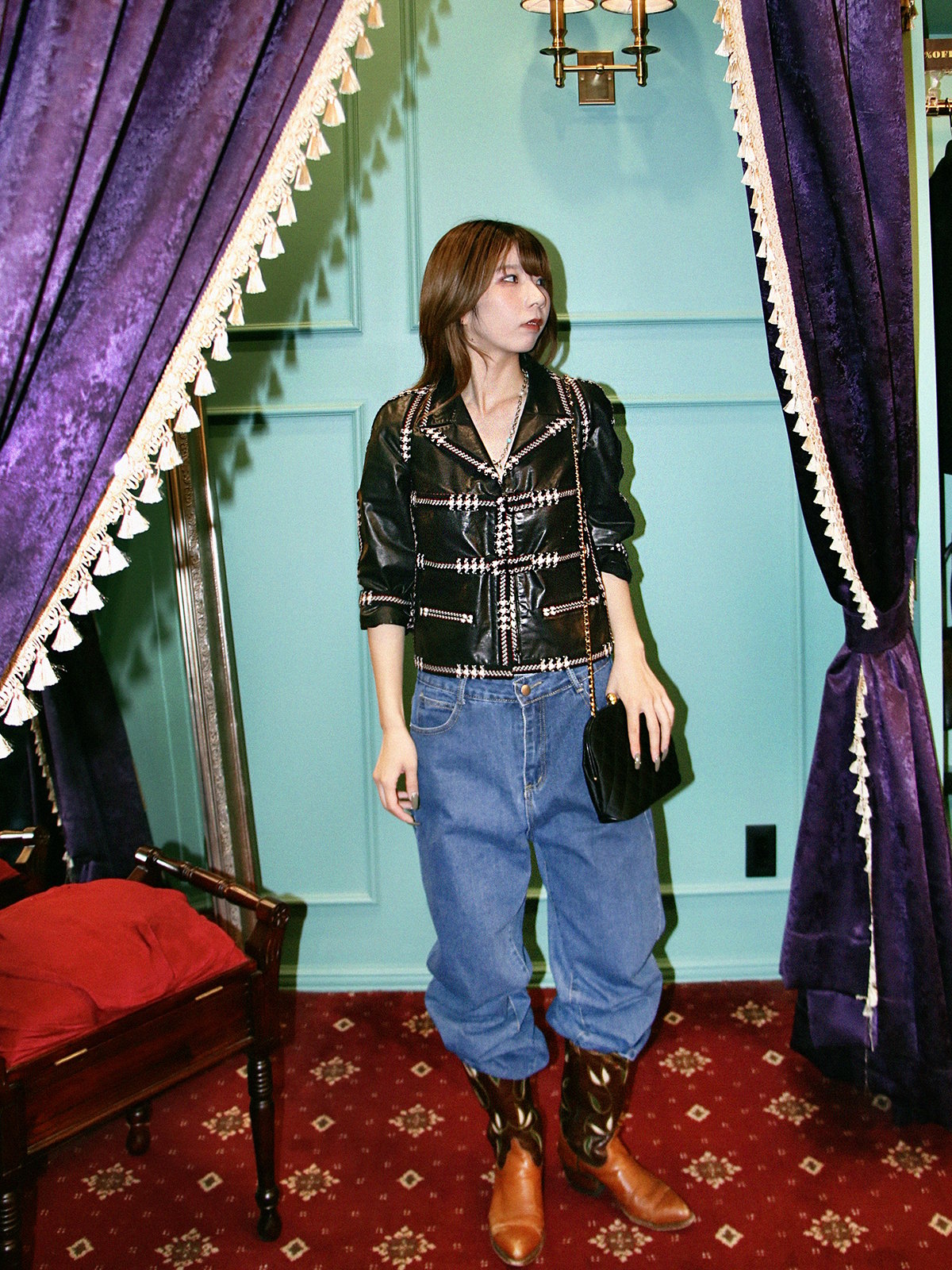 2007年製 レザーツイードコンビCCマークバックルジャケット ブラック/マルチ