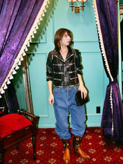 2007年製 レザーツイードコンビCCマークバックルジャケット ブラック/マルチ