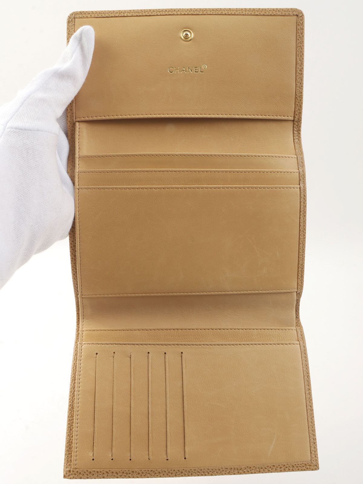 2001 Caviar Skin CC Mark Stitch Wallet, Beige