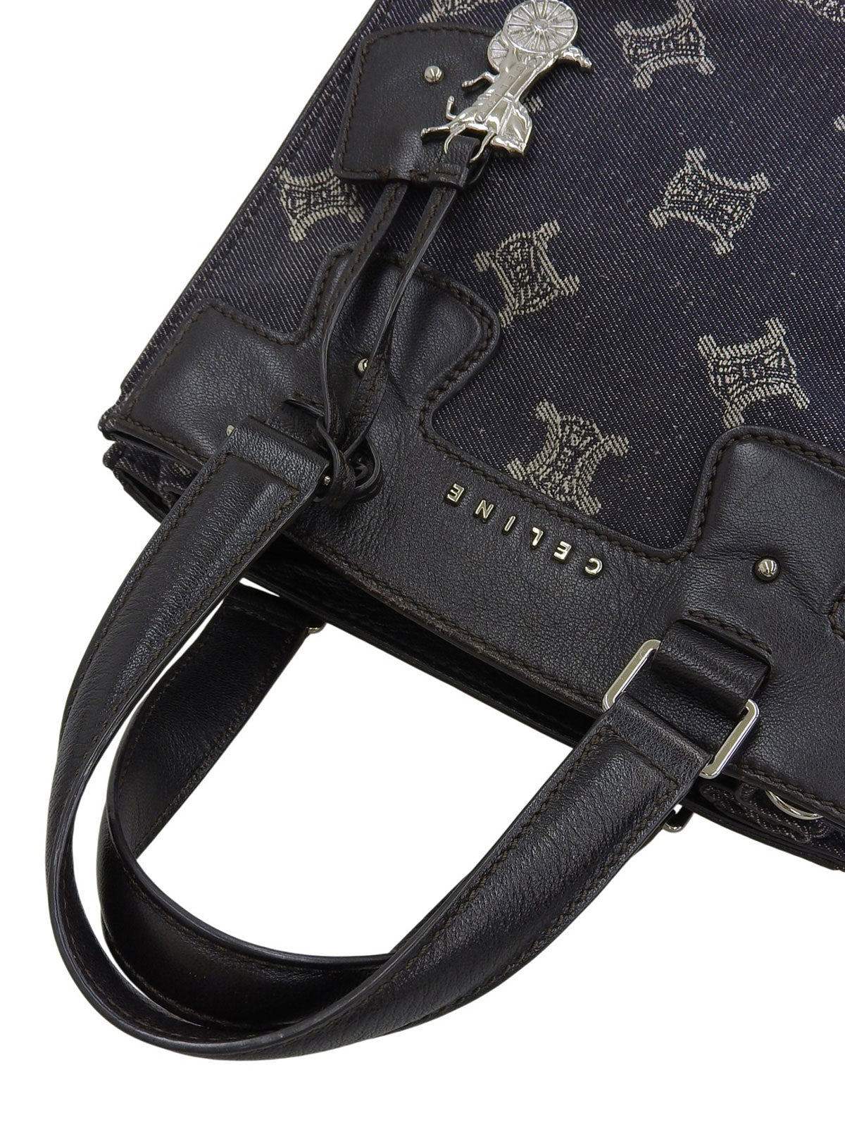 デニムレザーコンビマカダムパターン2wayバッグ ネイビー/ブラック