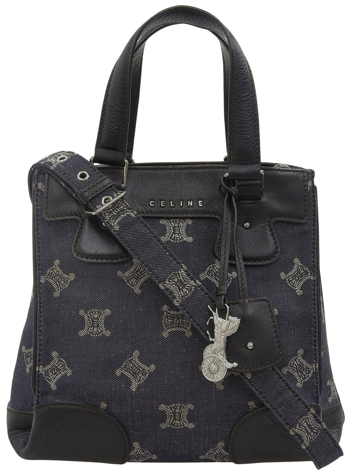 デニムレザーコンビマカダムパターン2wayバッグ ネイビー/ブラック