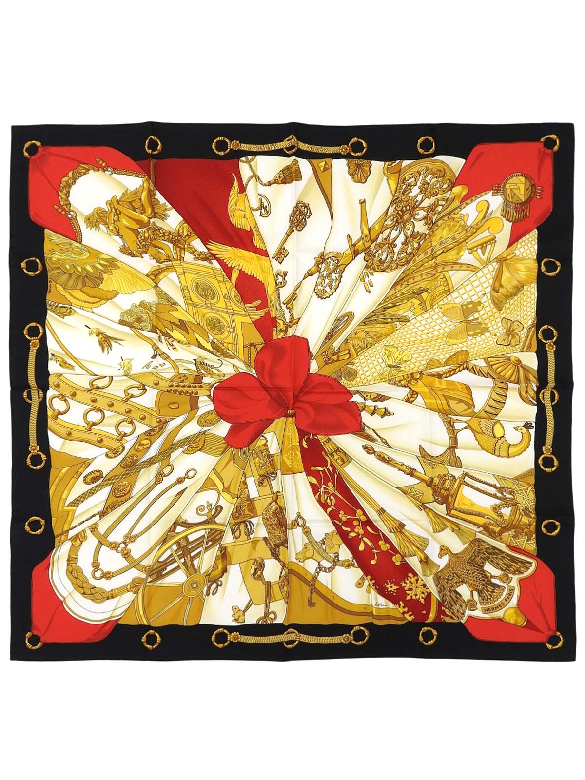 カレ90 Soleil de soieパターンスカーフ ブラック/レッド
