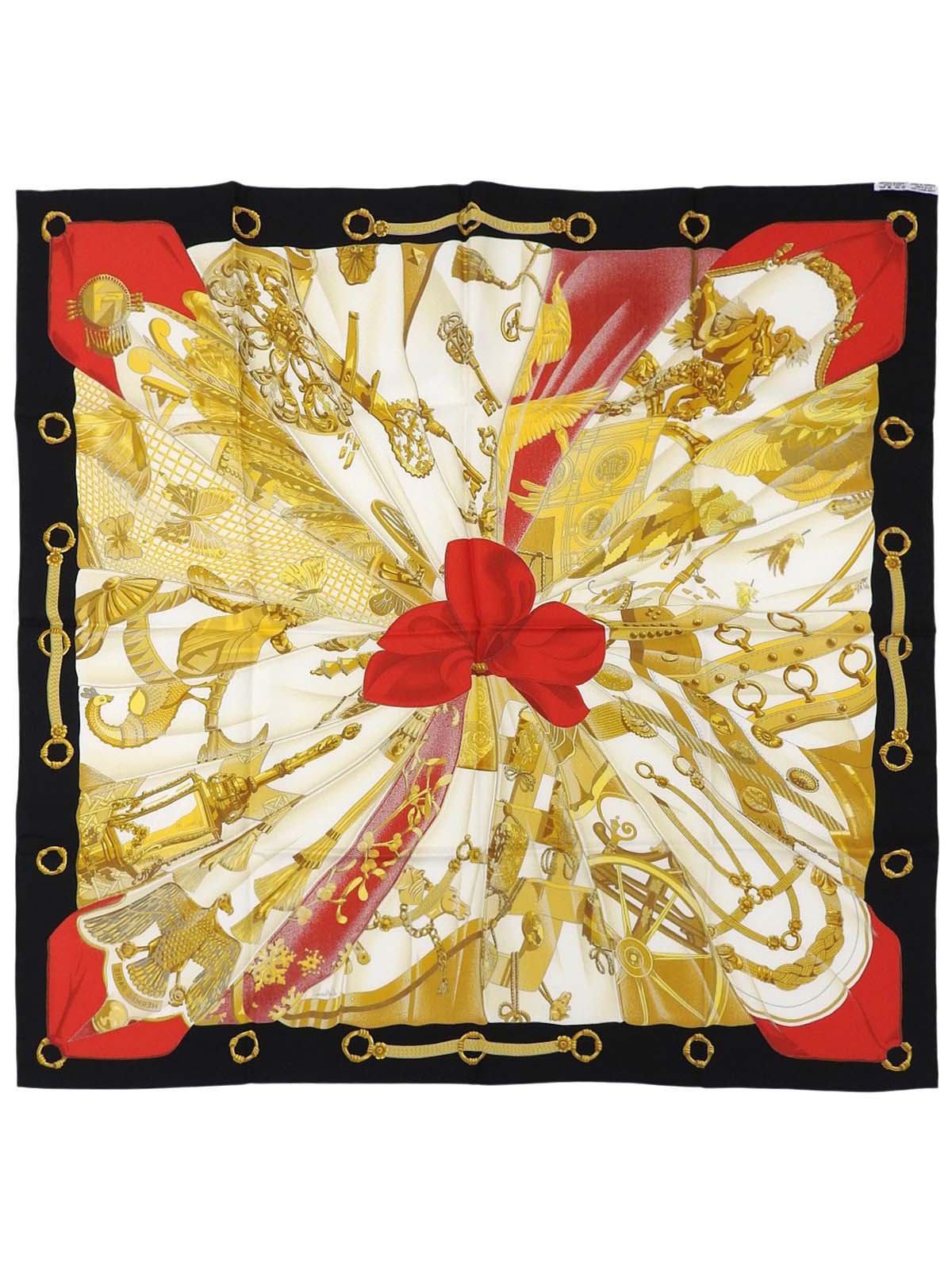 カレ90 Soleil de soieパターンスカーフ ブラック/レッド