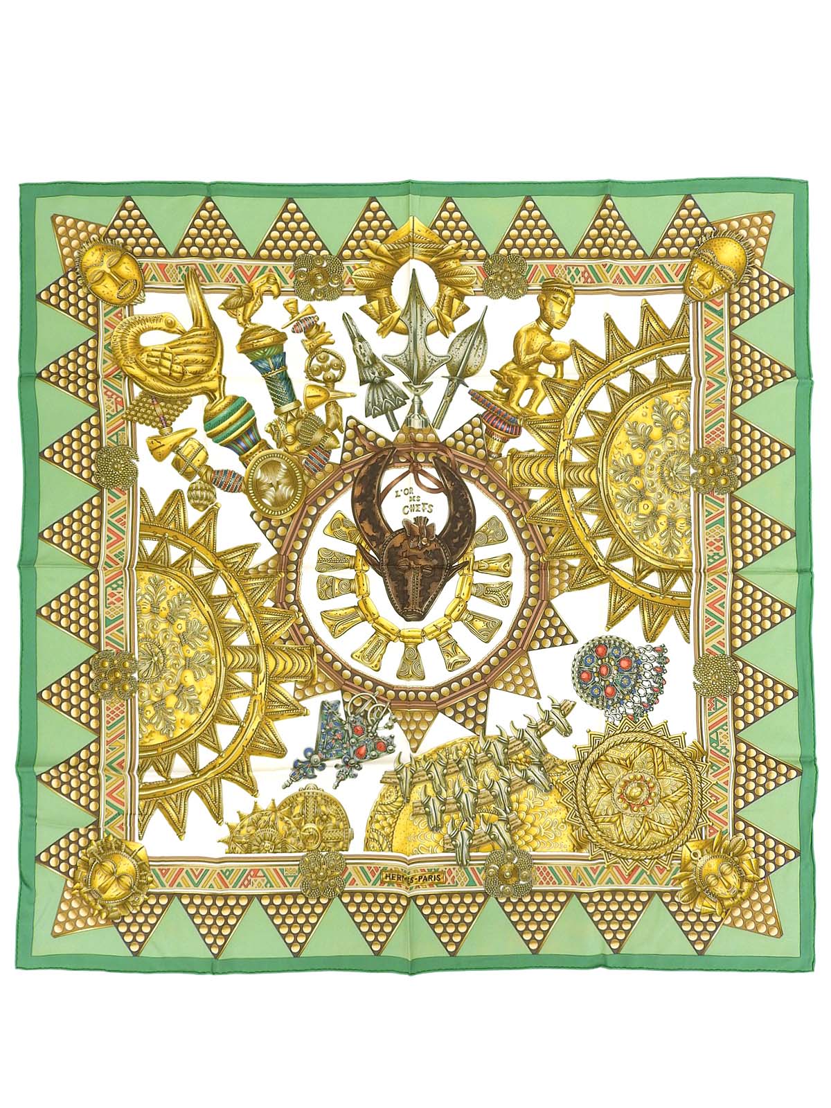 カレ90 Lor Des Chefsパターンスカーフ グリーン/マルチ