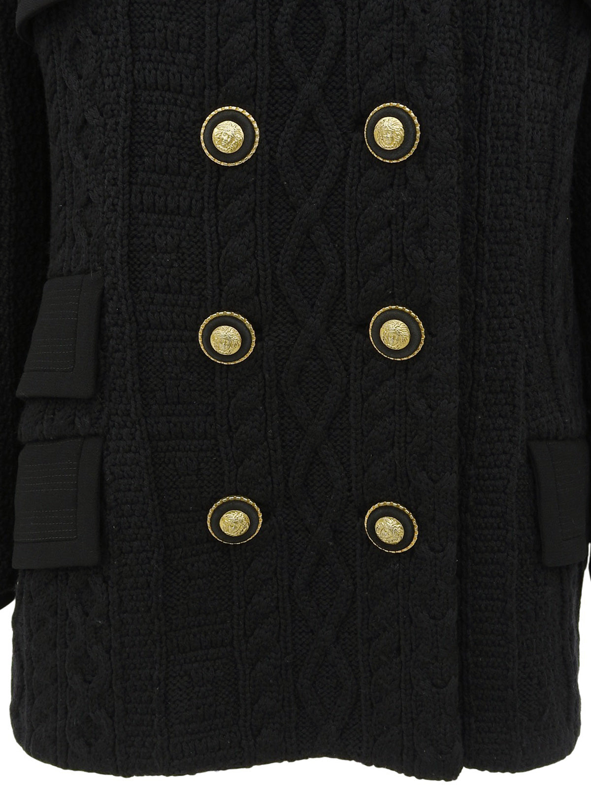 Medusa Button Double-Breasted Knit Jacket in Black