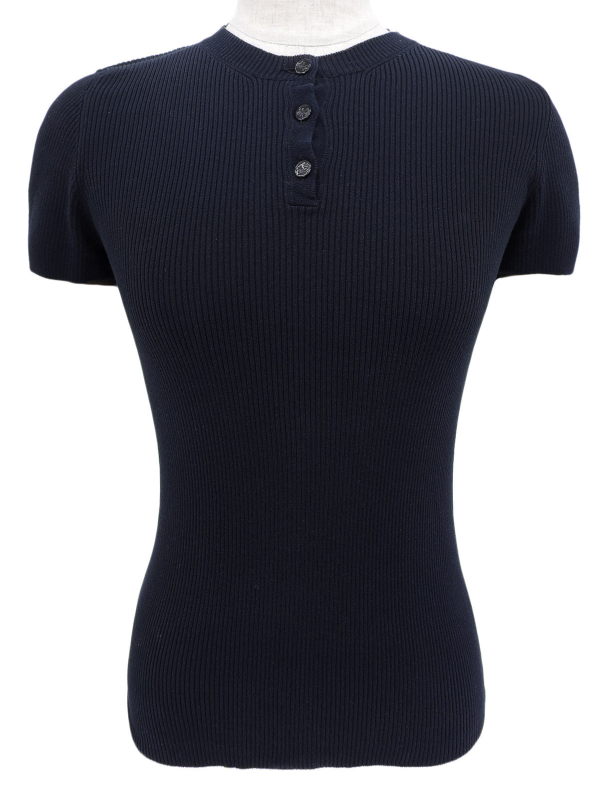 2008年製 カメリアボタンハーフスリーブニットトップス ネイビー