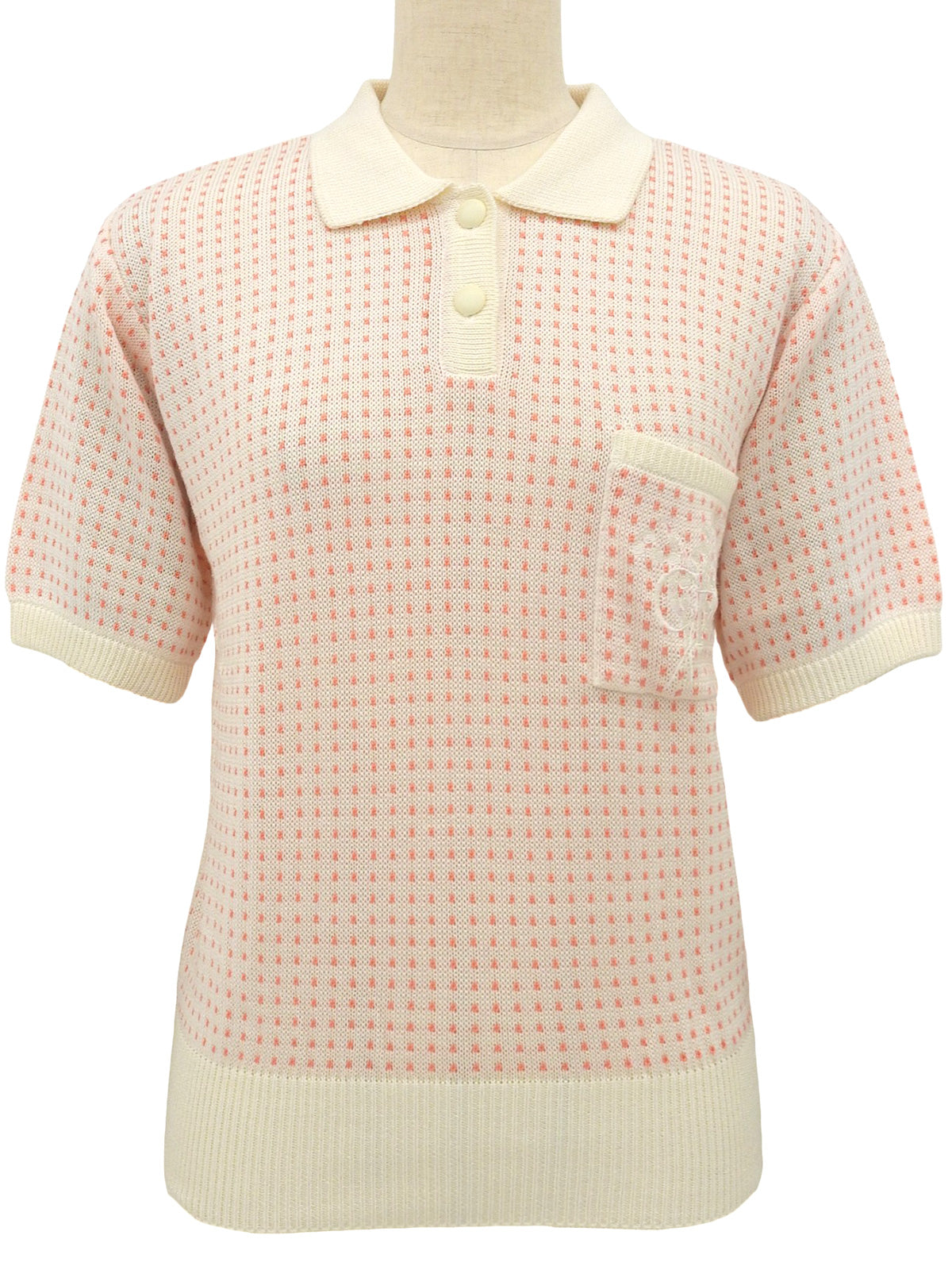 ドットパターンロゴ刺繍ニットポロシャツ アイボリー/サーモンピンク