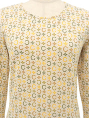 Cotton Macadam Pattern Long Sleeve Top in Beige/Multi