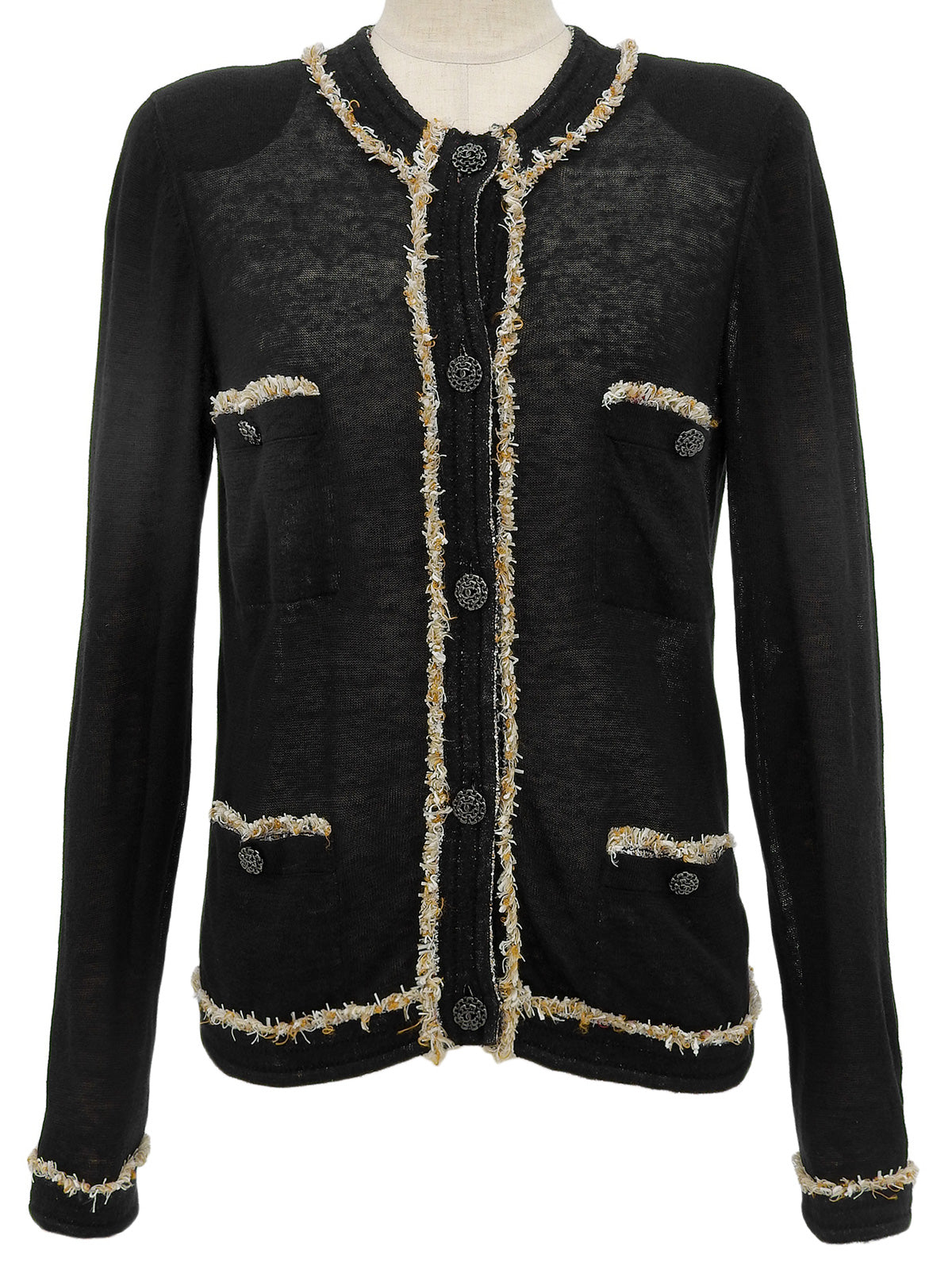 CCマークチェーンボタンデザインカーディガン ブラック/ベージュ