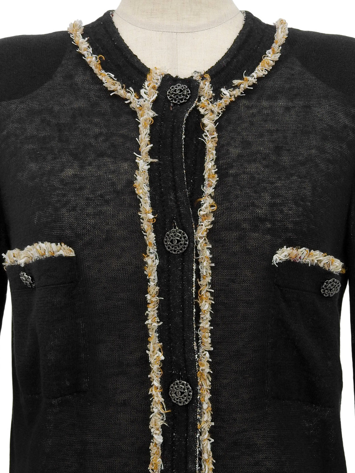 CCマークチェーンボタンデザインカーディガン ブラック/ベージュ