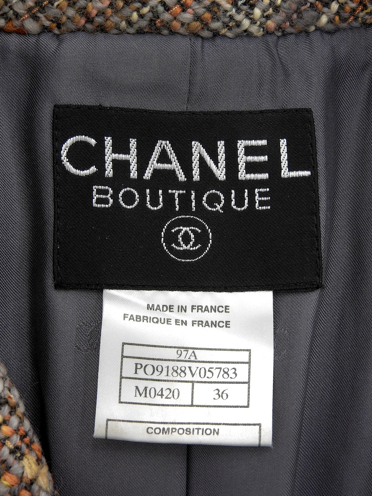 1997年頃製 ツイードCCマークボタンロングジャケット グレー/マルチ