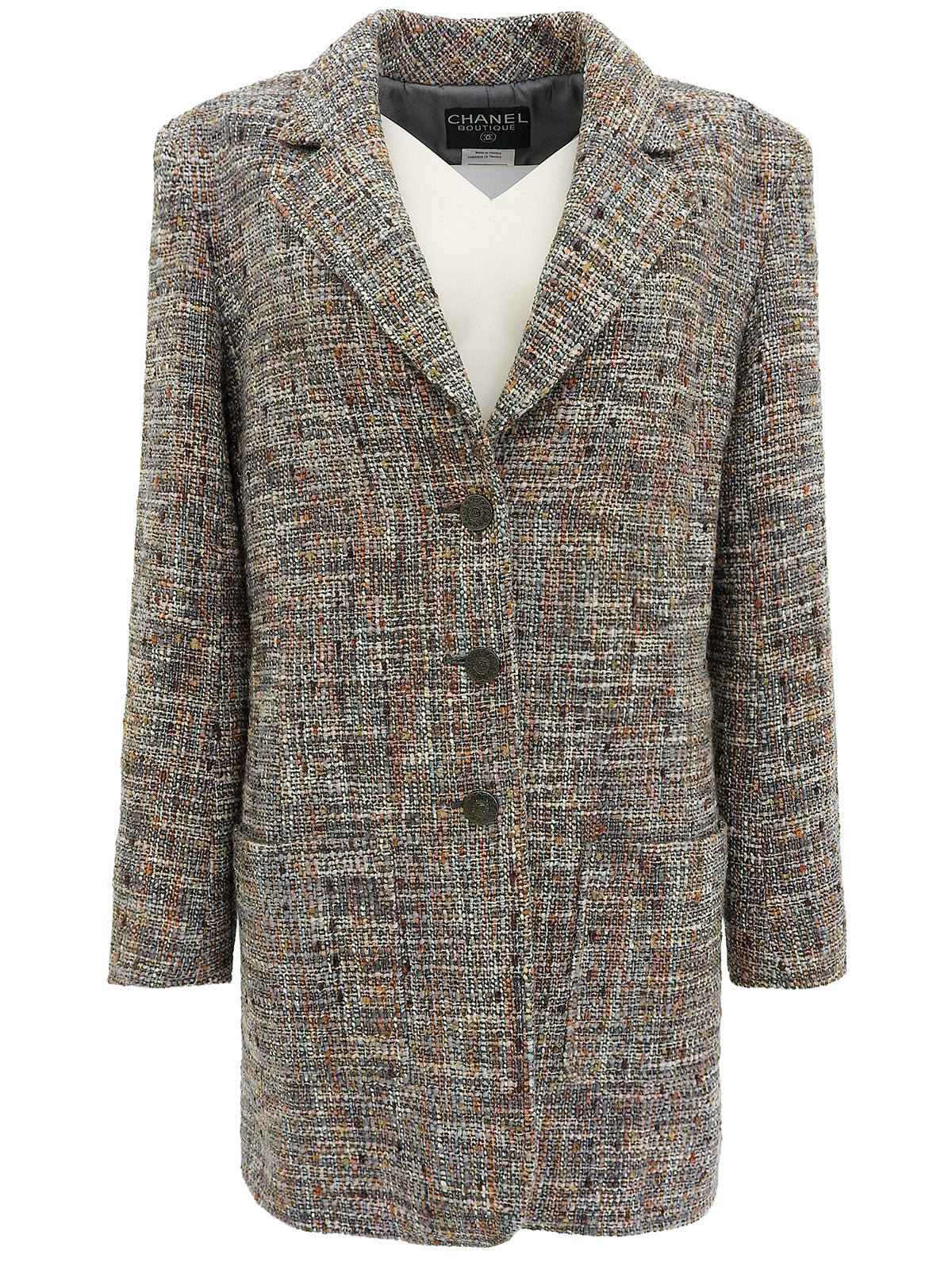 1997年頃製 ツイードCCマークボタンロングジャケット グレー/マルチ