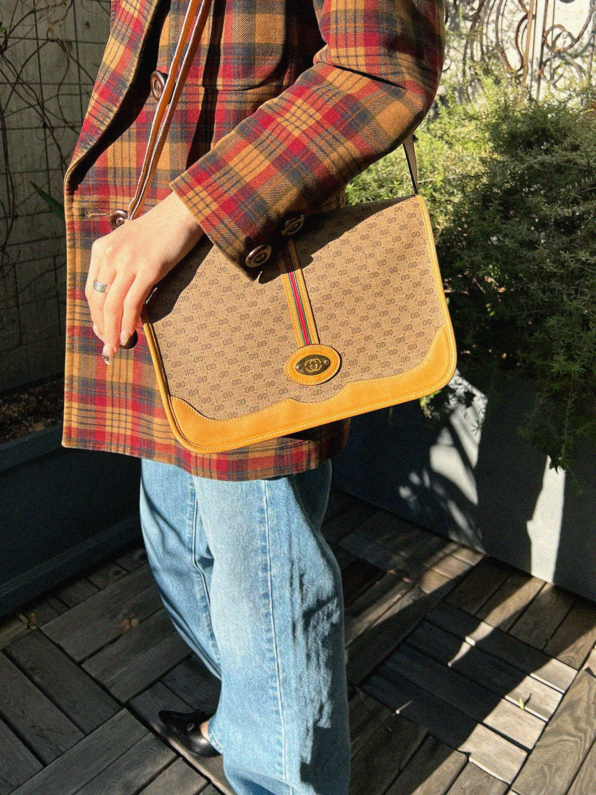 Canvas GG Pattern Sherry Line Flap Shoulder Bag Beige