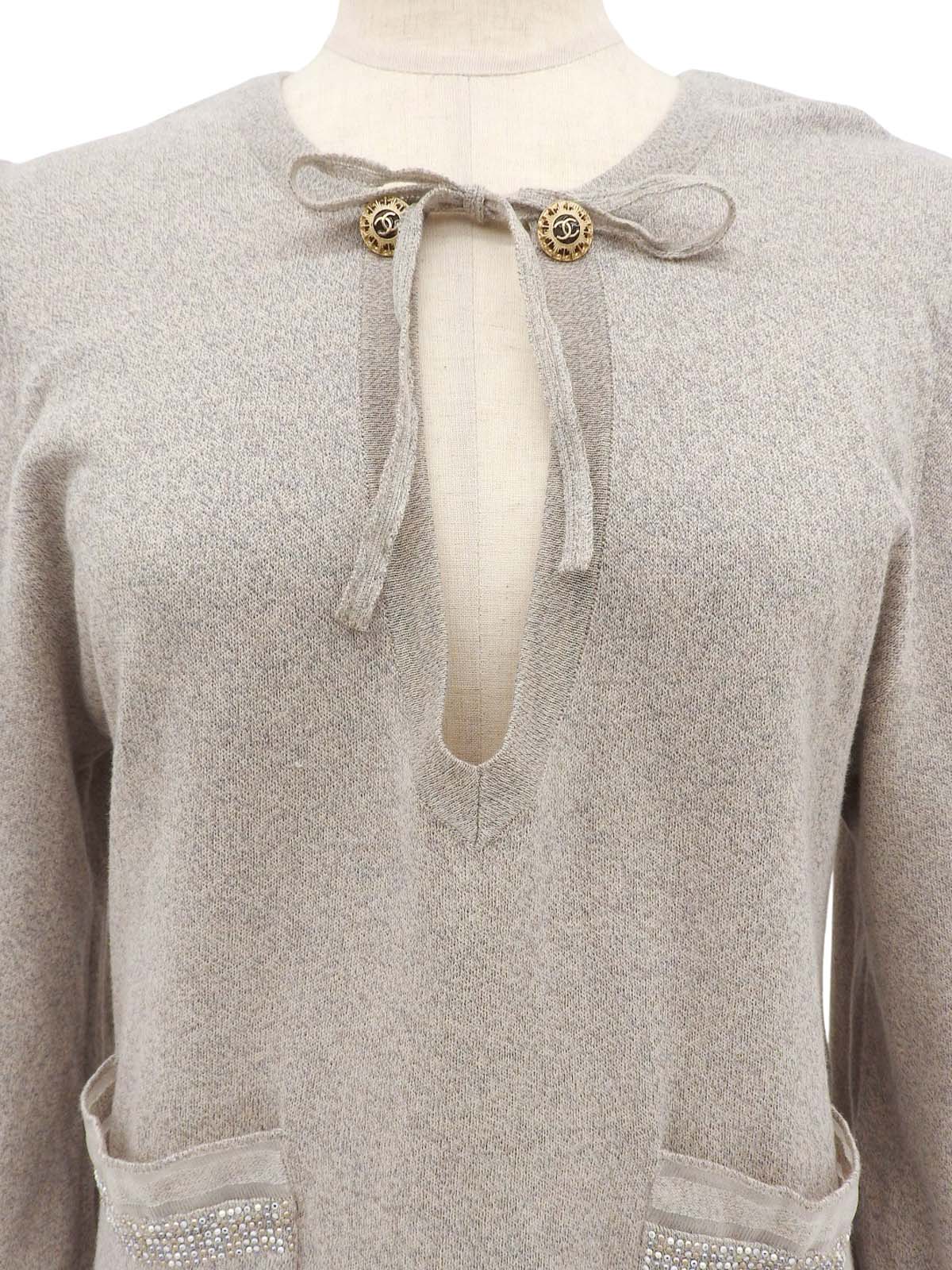 ラインストーントリムデザインCCマークボタンワンピース グレージュ