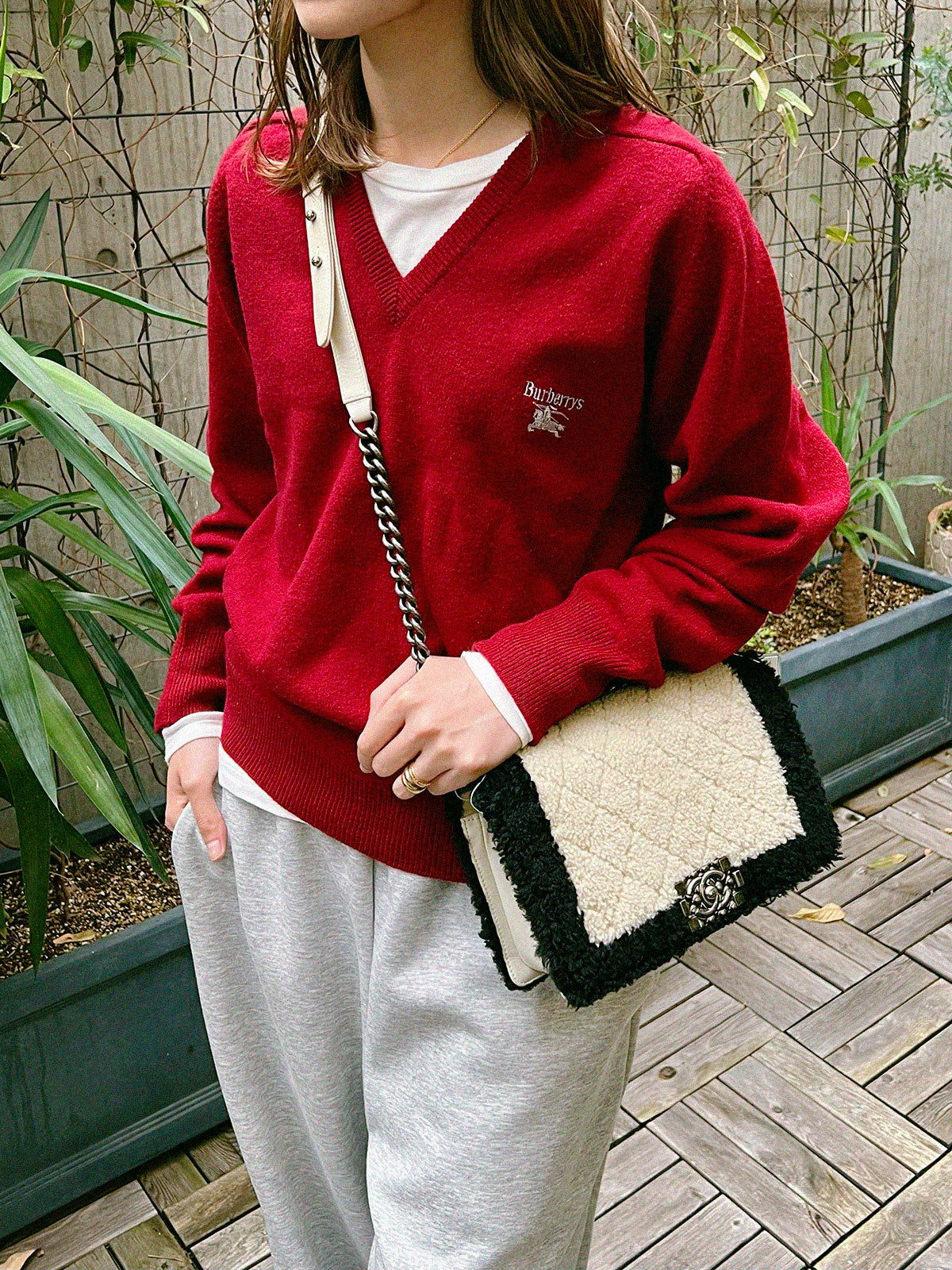 Embroidered Logo V-Neck Sweater in Bordeaux