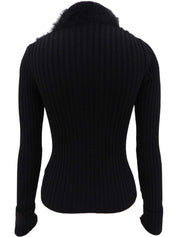 モヘアロゴボタンデザインリブニットトップス ブラック/ベージュ