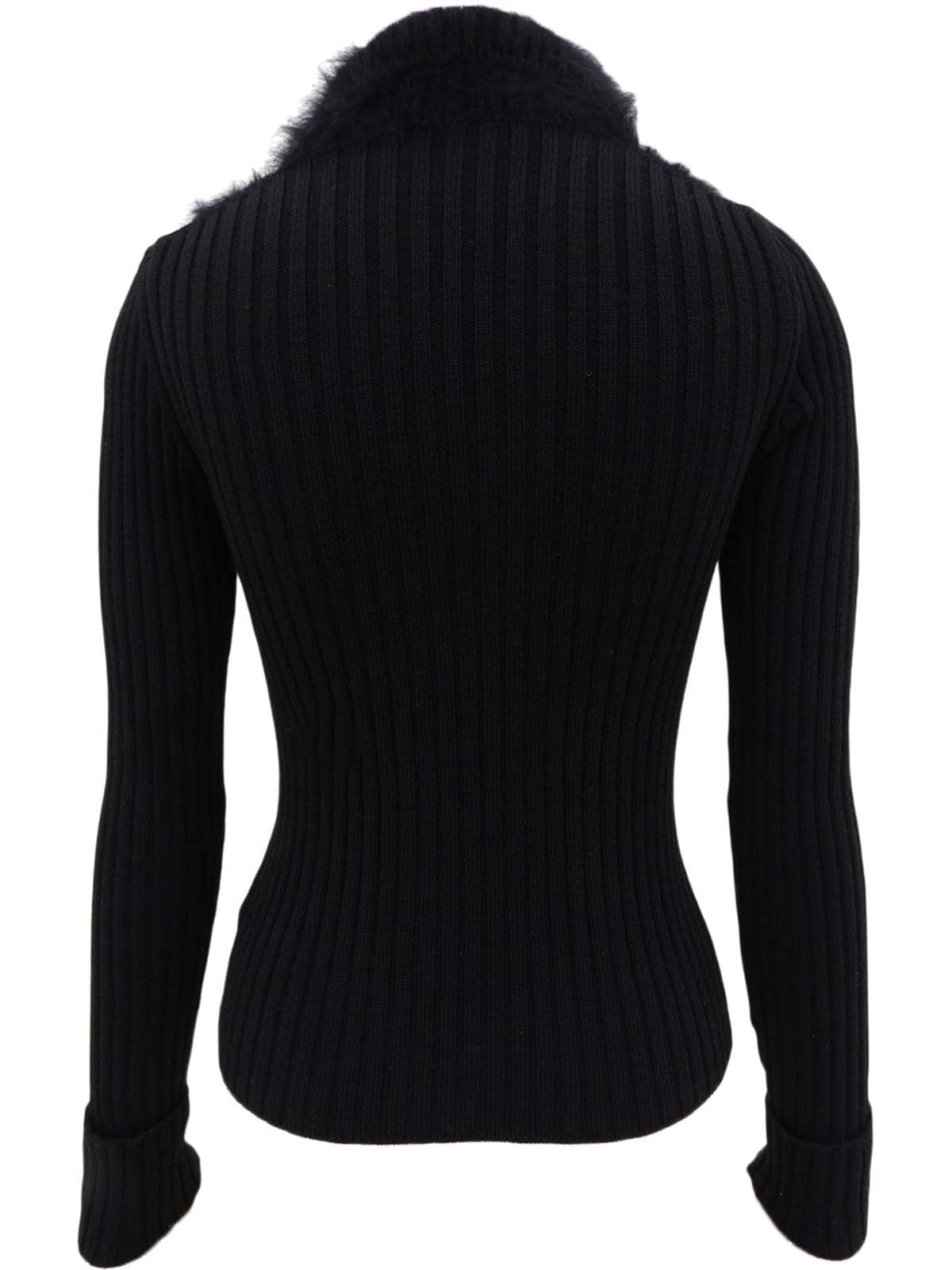 Mohair logo button design ribbed knit top in black/beige