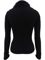 Mohair logo button design ribbed knit top in black/beige