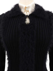 モヘアロゴボタンデザインリブニットトップス ブラック/ベージュ