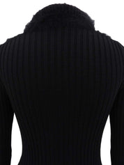 モヘアロゴボタンデザインリブニットトップス ブラック/ベージュ