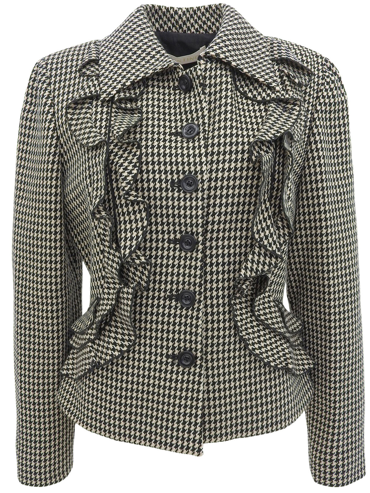 ウールハウンドトゥースパターンフリルジャケット　ブラック/マルチ