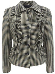 ウールハウンドトゥースパターンフリルジャケット　ブラック/マルチ