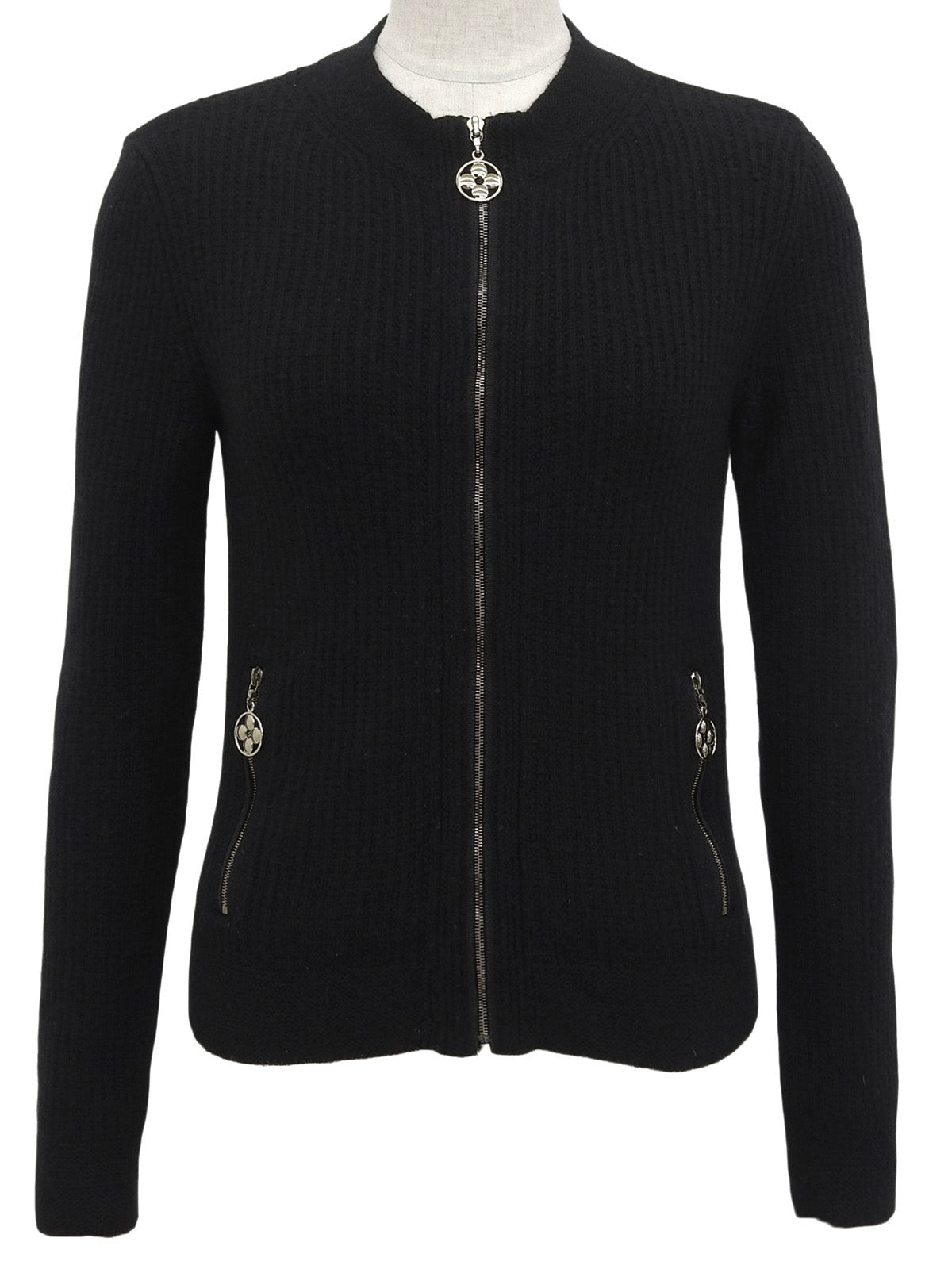 Wool Flower Zip-Up Cardigan in Black