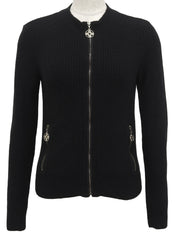 Wool Flower Zip-Up Cardigan in Black