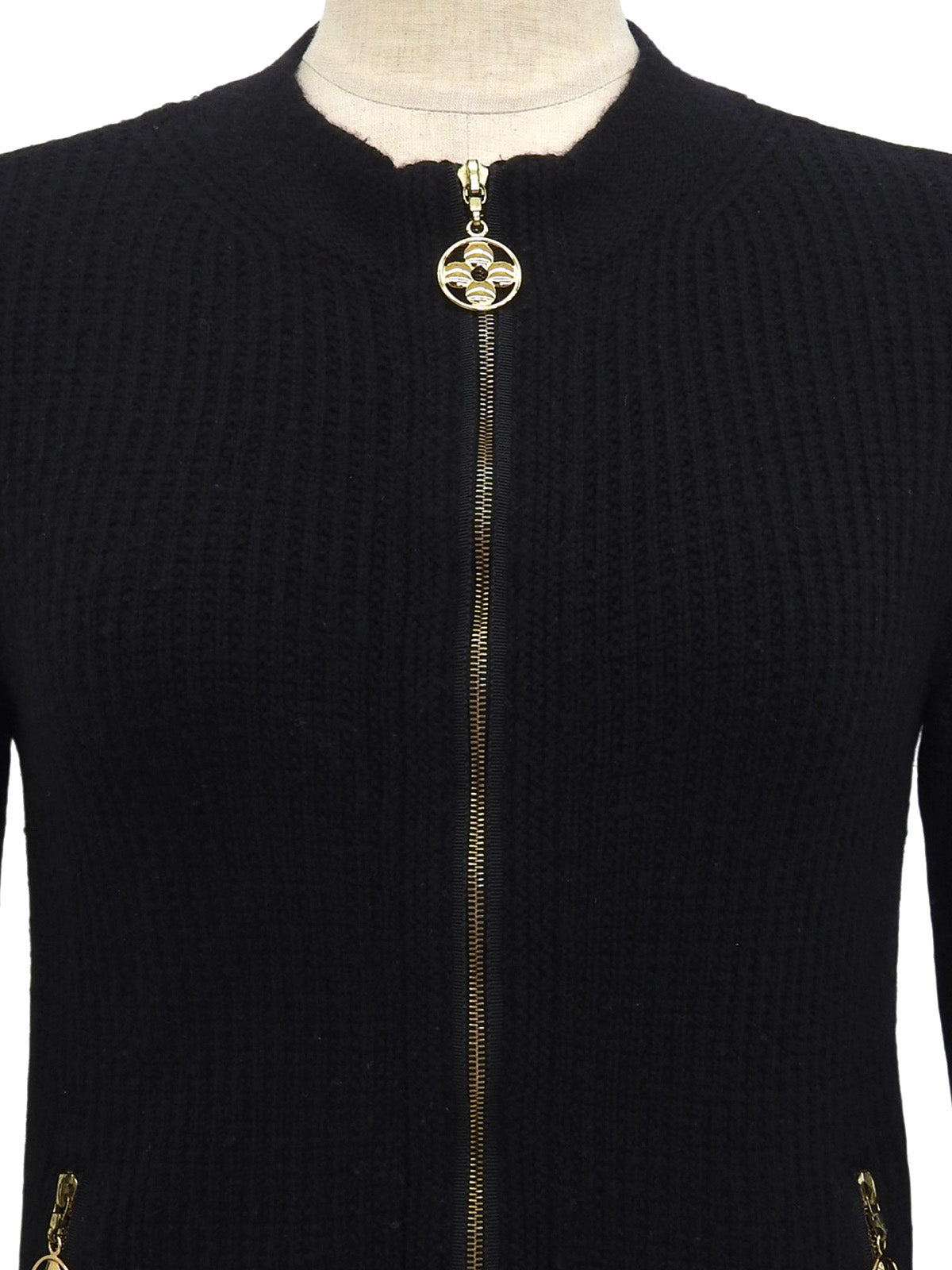 ウールフラワージップアップカーディガン　ブラック