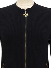 ウールフラワージップアップカーディガン　ブラック