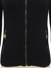 ウールフラワージップアップカーディガン　ブラック