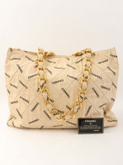 1995 Canvas Logo Print Chain Tote Bag, Beige