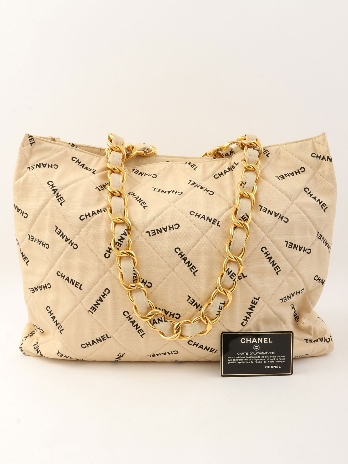 1995 年左右帆布 Logo 印花链条手提包 米色