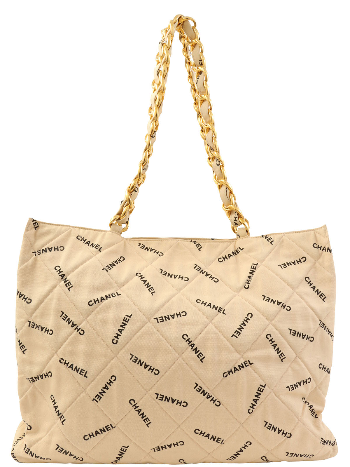 1995 Canvas Logo Print Chain Tote Bag, Beige