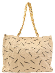 1995 Canvas Logo Print Chain Tote Bag, Beige
