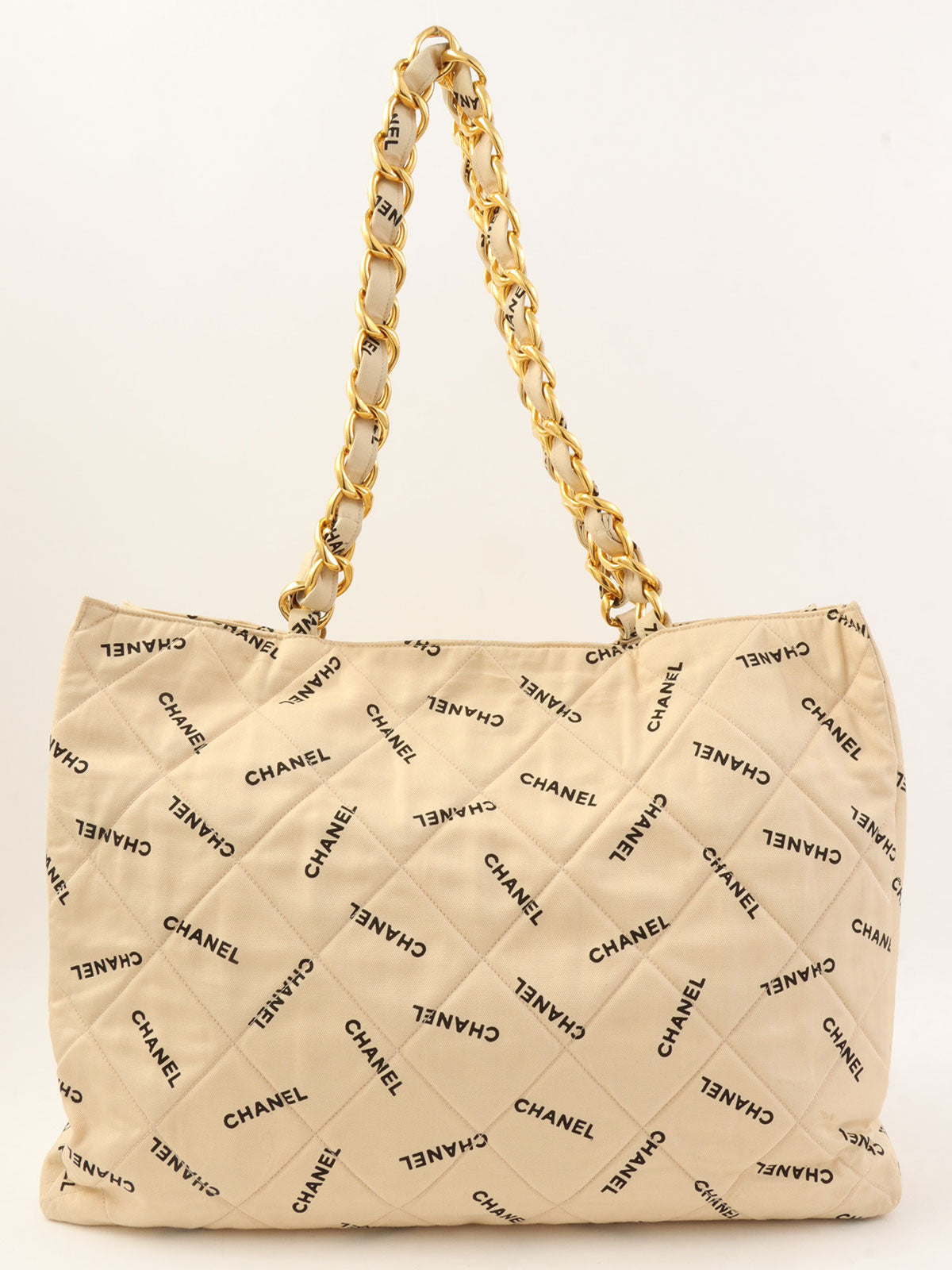 1995 Canvas Logo Print Chain Tote Bag, Beige